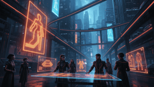 AI-driven fashion design technology in a high-tech urban environment.