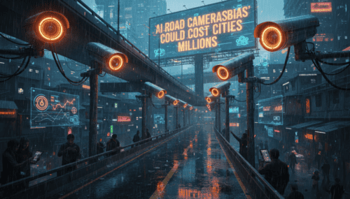 Futuristic city street with AI road cameras highlighting bias concerns.