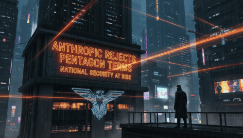 Futuristic cityscape with neon sign about Anthropic rejecting Pentagon security terms.