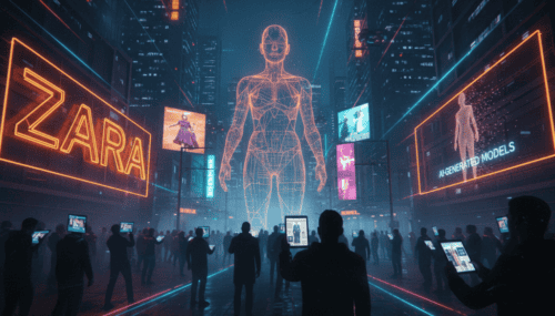 Digital AI model displayed in a high-tech urban environment with Zara branding.