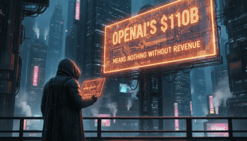 Futuristic cityscape with a person analyzing a digital billboard about OpenAI's $110B funding.