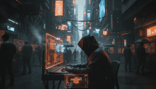 AI hacking in a cyberpunk cityscape with neon lights and digital interfaces.