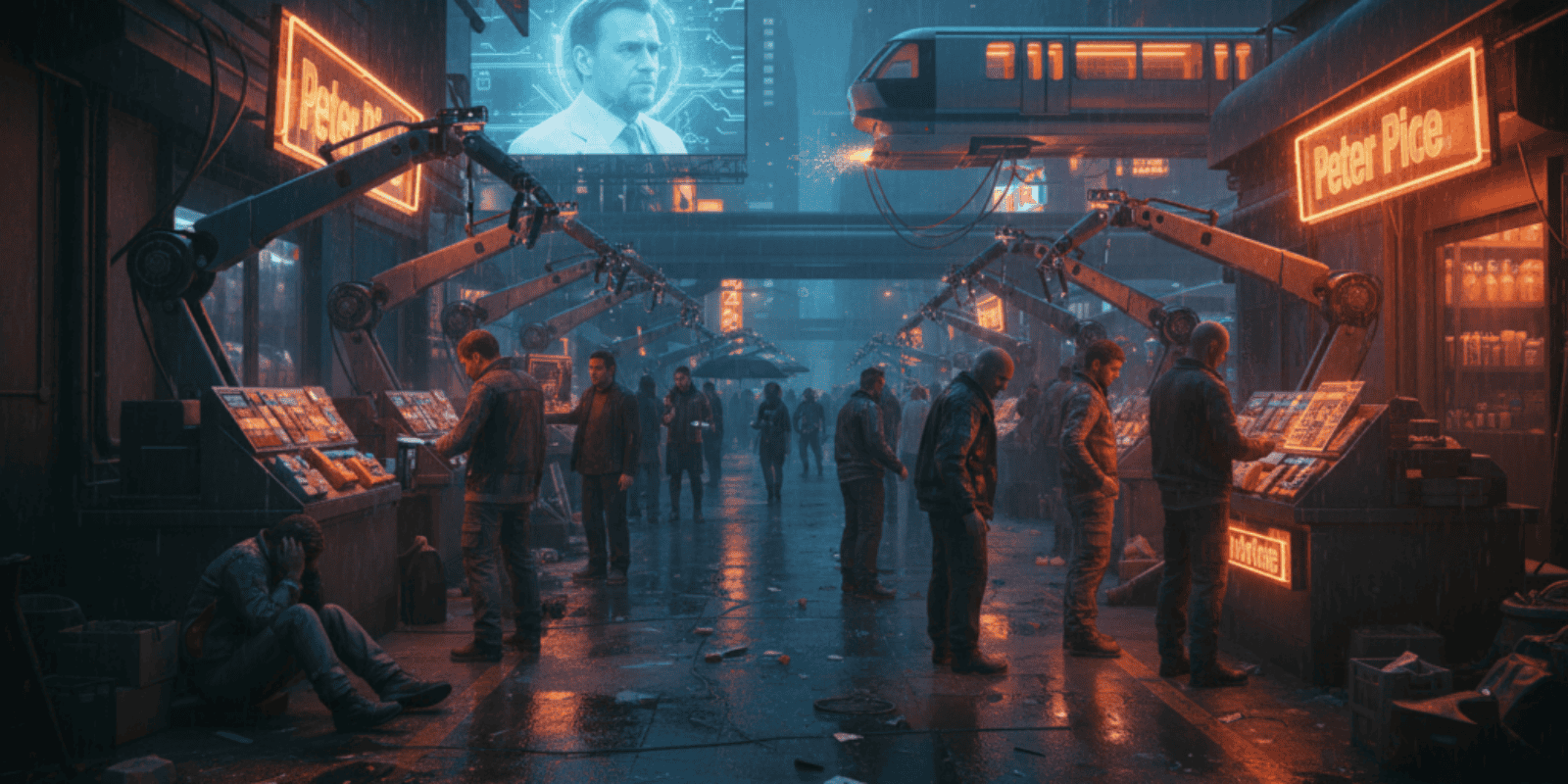 Futuristic market with AI robots and humans interacting in a neon-lit environment.