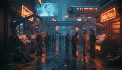 Futuristic market with AI robots and humans interacting in a neon-lit environment.