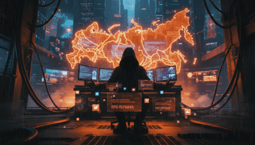 Hacker in a dark room with digital map of Russia and cyber attack visuals.