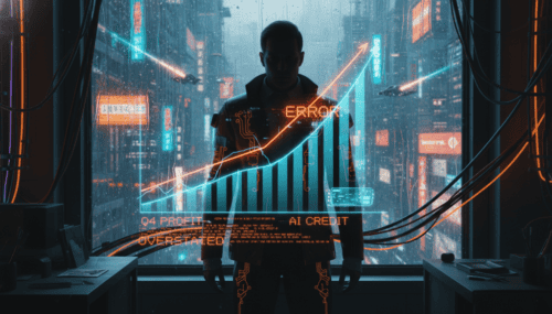 AI credit and profit growth chart with digital error overlay, highlighting overstatement concerns.