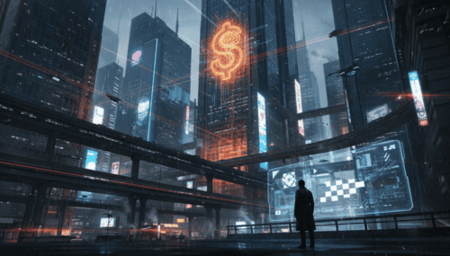 Futuristic cityscape with AI and financial symbols in neon lights.