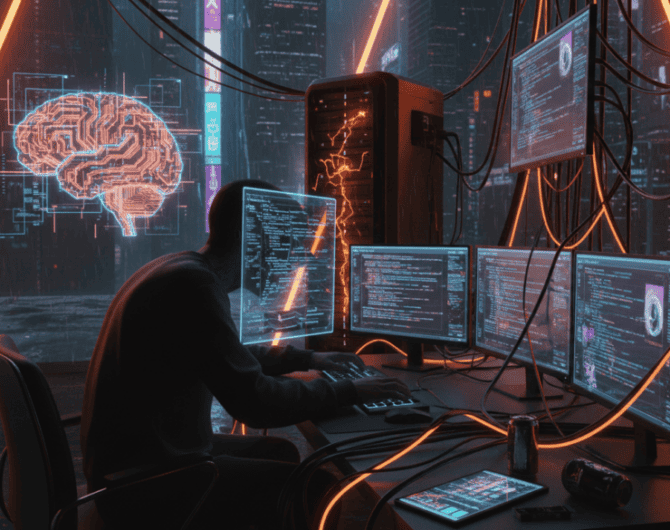 Programmer working on multiple screens with AI and code visuals in a high-tech environment.