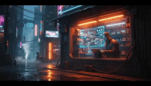 Man working on a laptop inside a neon-lit cyberpunk storefront at night.