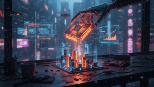 AI robotic arm working on a digital cityscape with data analytics overlays.