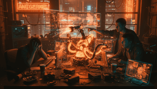 AI hackers attacking digital systems with advanced tools.