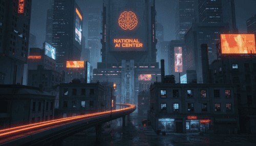 Futuristic cityscape with the National AI Center logo illuminated above skyscrapers.