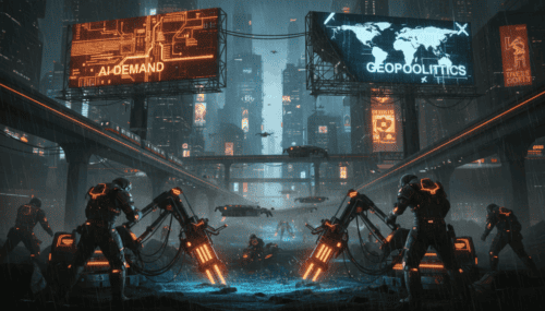 AI-powered mining robots in a high-tech industrial setting.