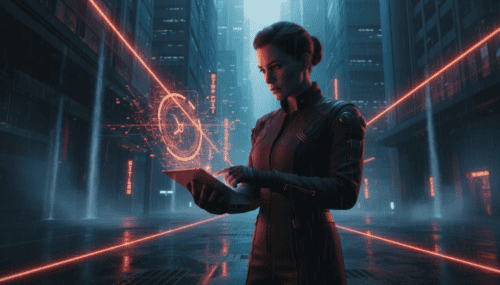 AI-powered woman using a tablet in a futuristic cityscape with digital interfaces and neon lights.