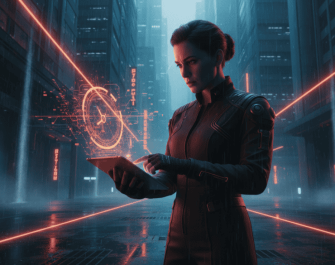 AI-powered woman using a tablet in a futuristic cityscape with digital interfaces and neon lights.