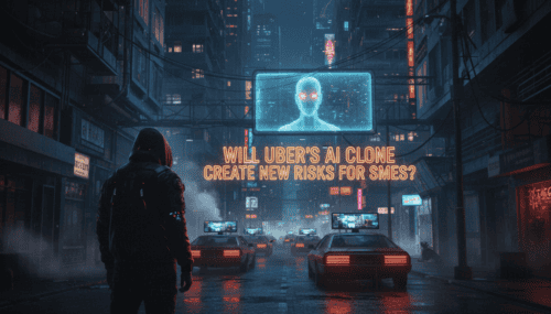 Futuristic city scene with AI hologram warning about Uber's AI clone risks for small businesses.