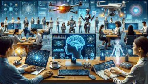 Futuristic office with AI, robots, and drones enhancing productivity and innovation.