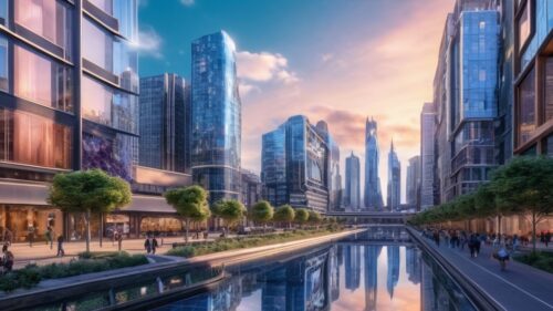 AI era news skyline with futuristic cityscape and modern skyscrapers.