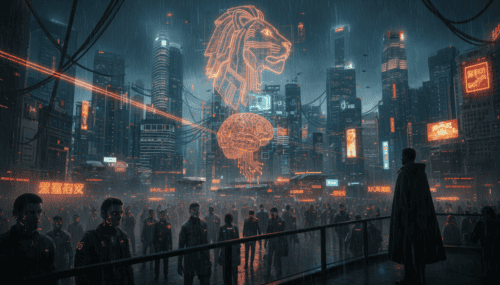 Futuristic cityscape with AI-themed neon lion and brain holograms over a crowded urban area.