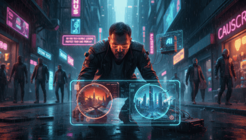 Futuristic cityscape with AI technology and digital interfaces in a neon-lit urban environment.