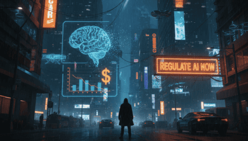 Futuristic cityscape with AI and digital regulation signs at night.