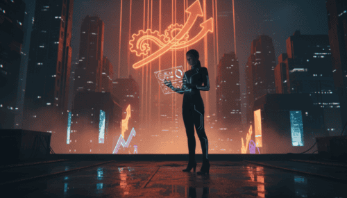 Businesswoman analyzing growth data with futuristic cityscape and digital graphs in the background.