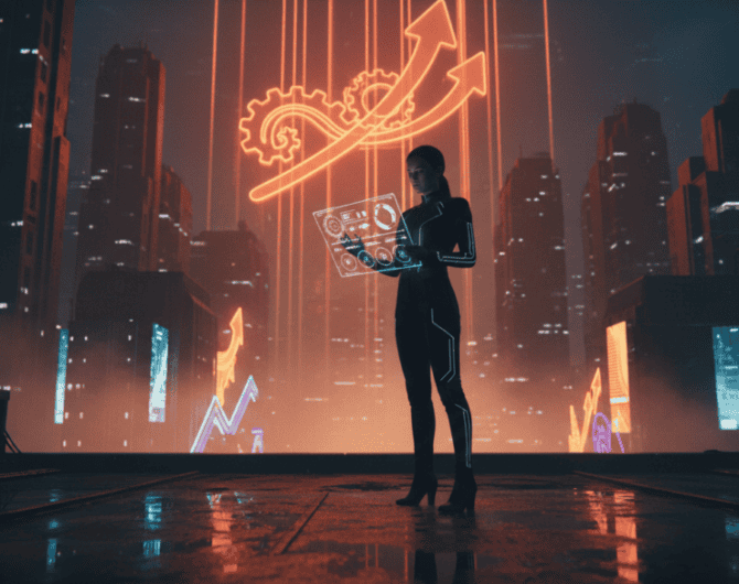 Businesswoman analyzing growth data with futuristic cityscape and digital graphs in the background.