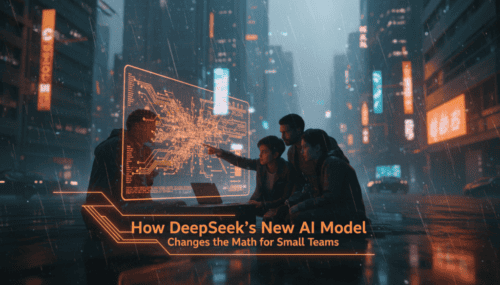 Small team analyzing AI data with futuristic city background.