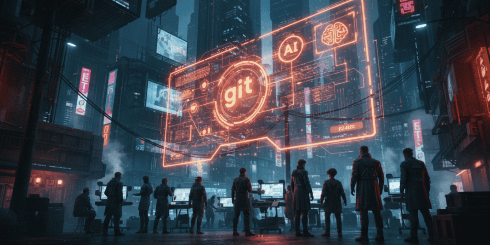 AI and Git icons displayed on a digital billboard in a cyberpunk city at night.