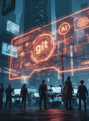 AI and Git icons displayed on a digital billboard in a cyberpunk city at night.