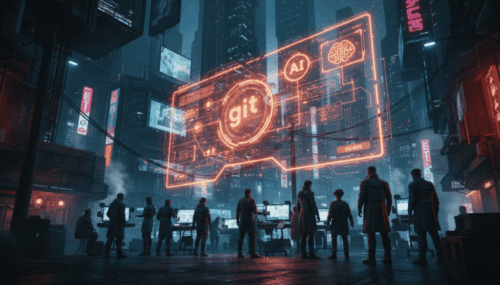 AI and Git icons displayed on a digital billboard in a cyberpunk city at night.