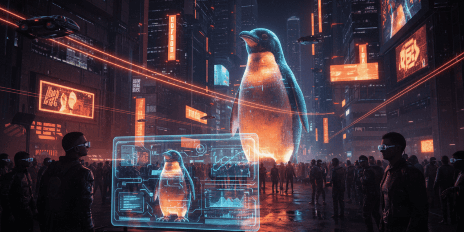 AI-generated penguin statue in a high-tech urban environment.