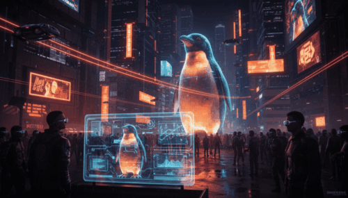 AI-generated penguin statue in a high-tech urban environment.