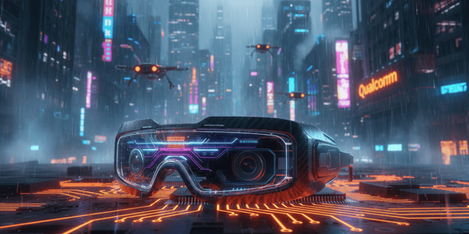 Futuristic cityscape with AI-powered camera headset and neon lights.