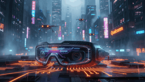 Futuristic cityscape with AI-powered camera headset and neon lights.