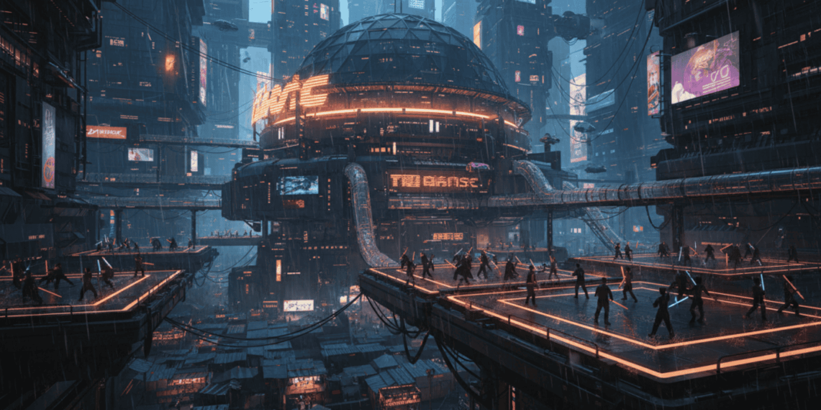 Futuristic cityscape with a training academy for public officers in a high-tech environment.