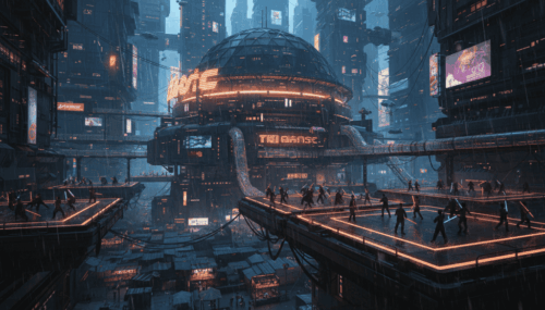 Futuristic cityscape with a training academy for public officers in a high-tech environment.