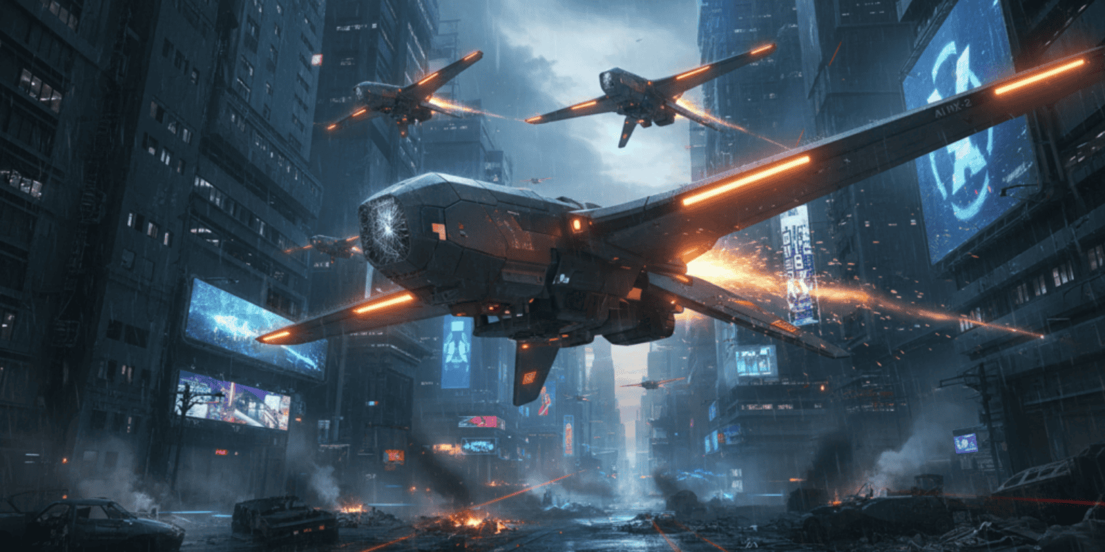 AI-powered HX-2 drones patrolling a futuristic cityscape at night.