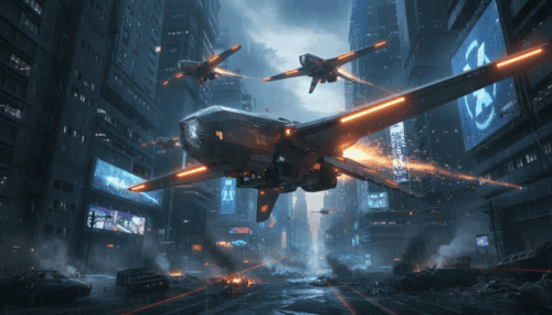 AI-powered HX-2 drones patrolling a futuristic cityscape at night.