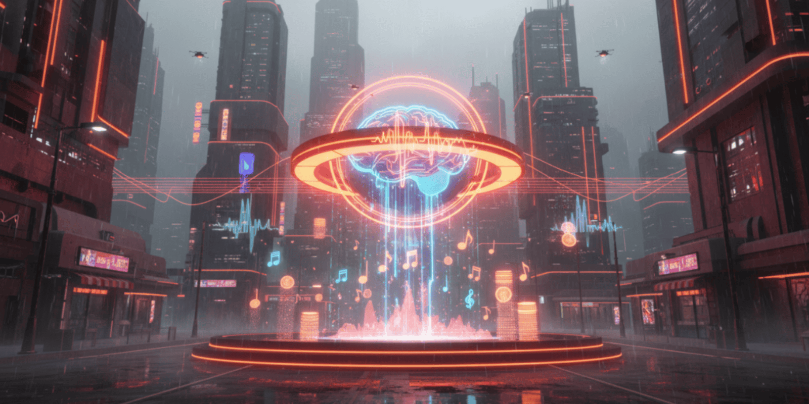 Futuristic cityscape with neon lights and digital AI music elements.