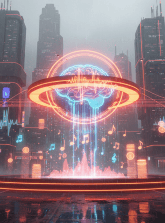 Futuristic cityscape with neon lights and digital AI music elements.