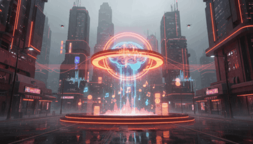Futuristic cityscape with neon lights and digital AI music elements.