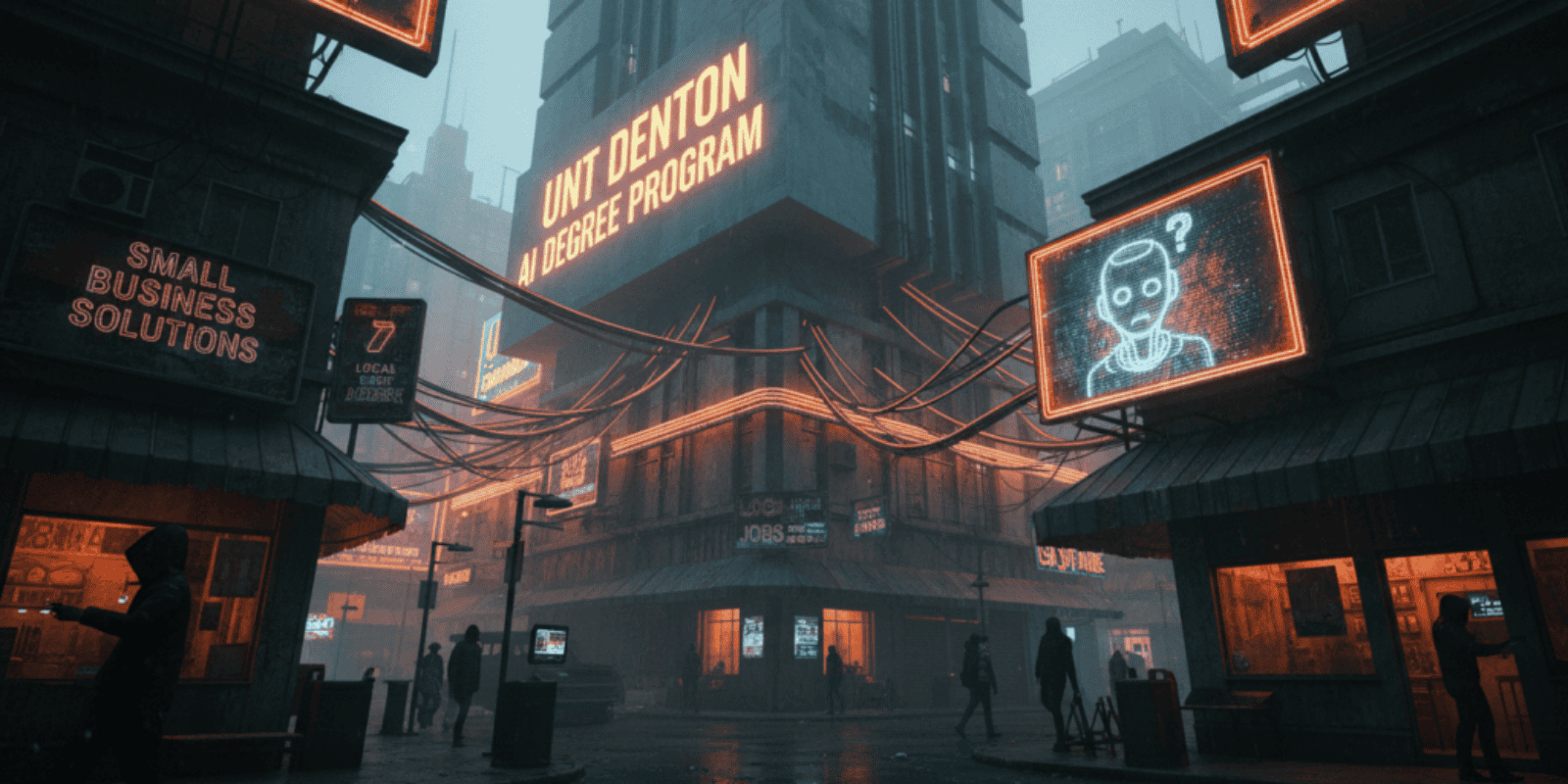 Futuristic cityscape with digital billboards promoting AI and SMB alerts in Denton.