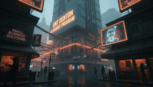 Futuristic cityscape with digital billboards promoting AI and SMB alerts in Denton.