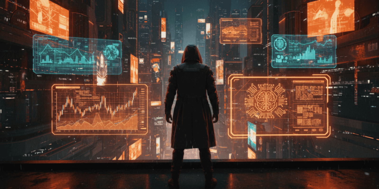 Woman analyzing AI-driven financial data on futuristic digital screens.