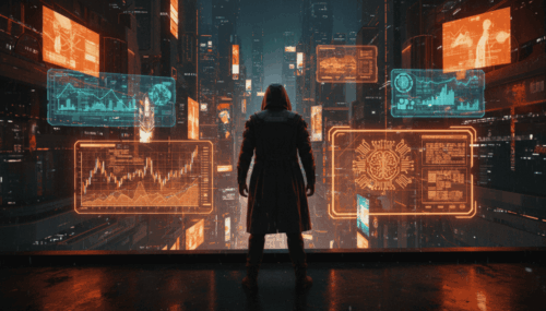 Woman analyzing AI-driven financial data on futuristic digital screens.