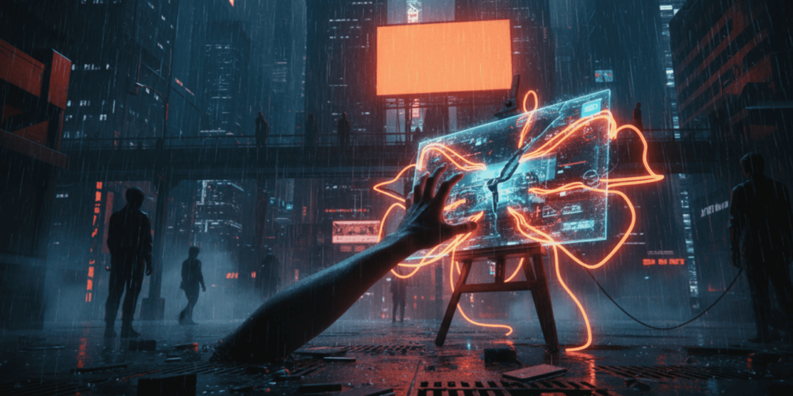 Digital artwork of a hand interacting with a holographic AI interface in a neon-lit cityscape.