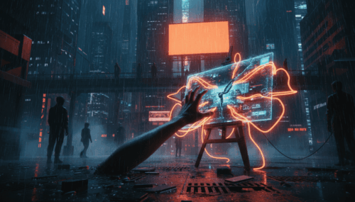 Digital artwork of a hand interacting with a holographic AI interface in a neon-lit cityscape.