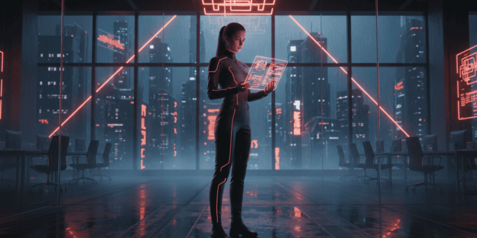 AI woman analyzing data on futuristic digital interface.