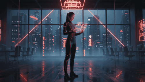 AI woman analyzing data on futuristic digital interface.